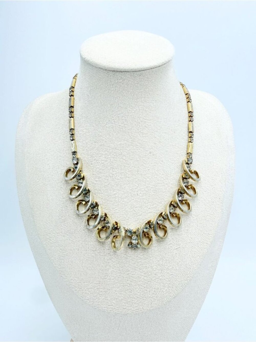 Vintage Gold Tone Rhinestone Scroll Necklace Adjustable Choker